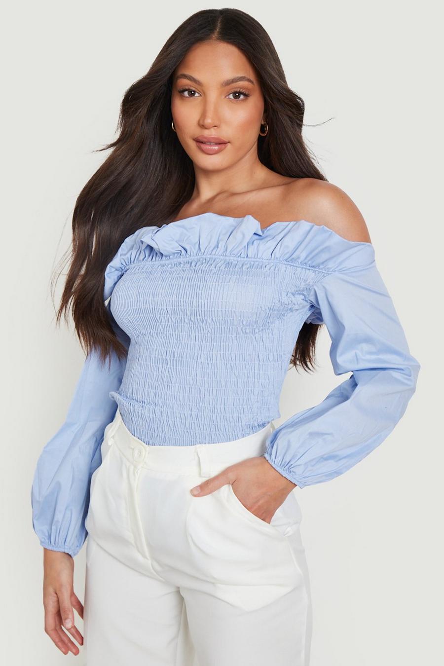 Blue Tall Off The Shoulder Shirred Long Sleeve Top image number 1