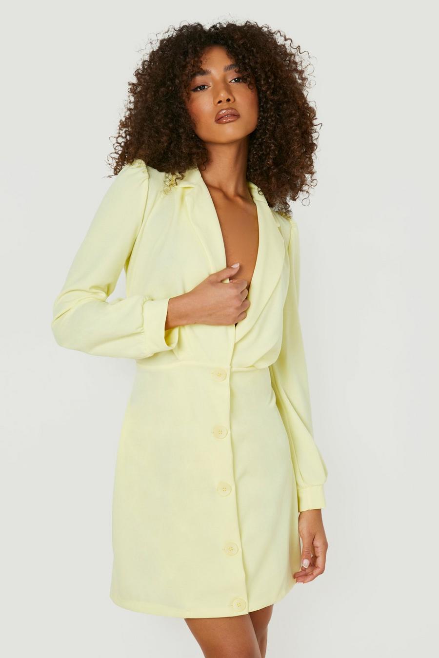 Lemon yellow Tall Button Front Ruched Detail Blazer Dress