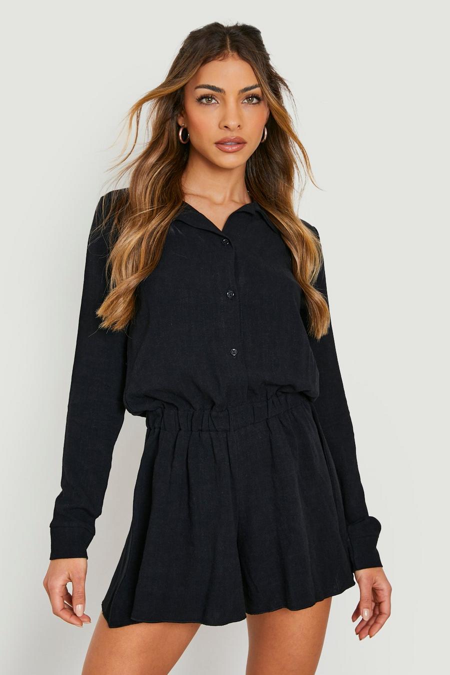 Black Linen Shirt Style Floaty Playsuit image number 1
