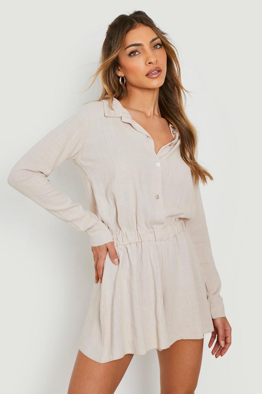 Ecru Linen Shirt Style Floaty Playsuit image number 1