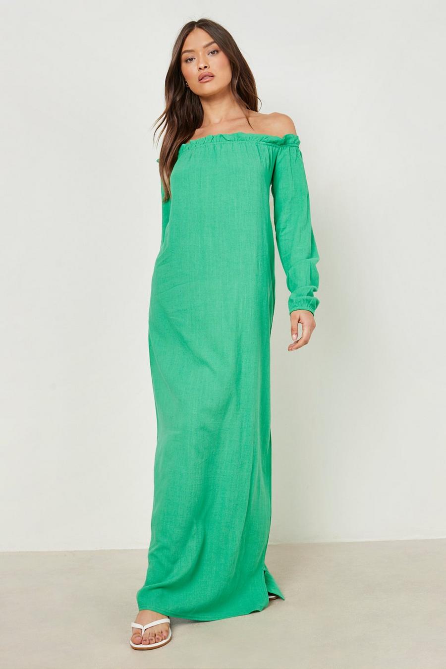 Green Linen Bardot Maxi Dress