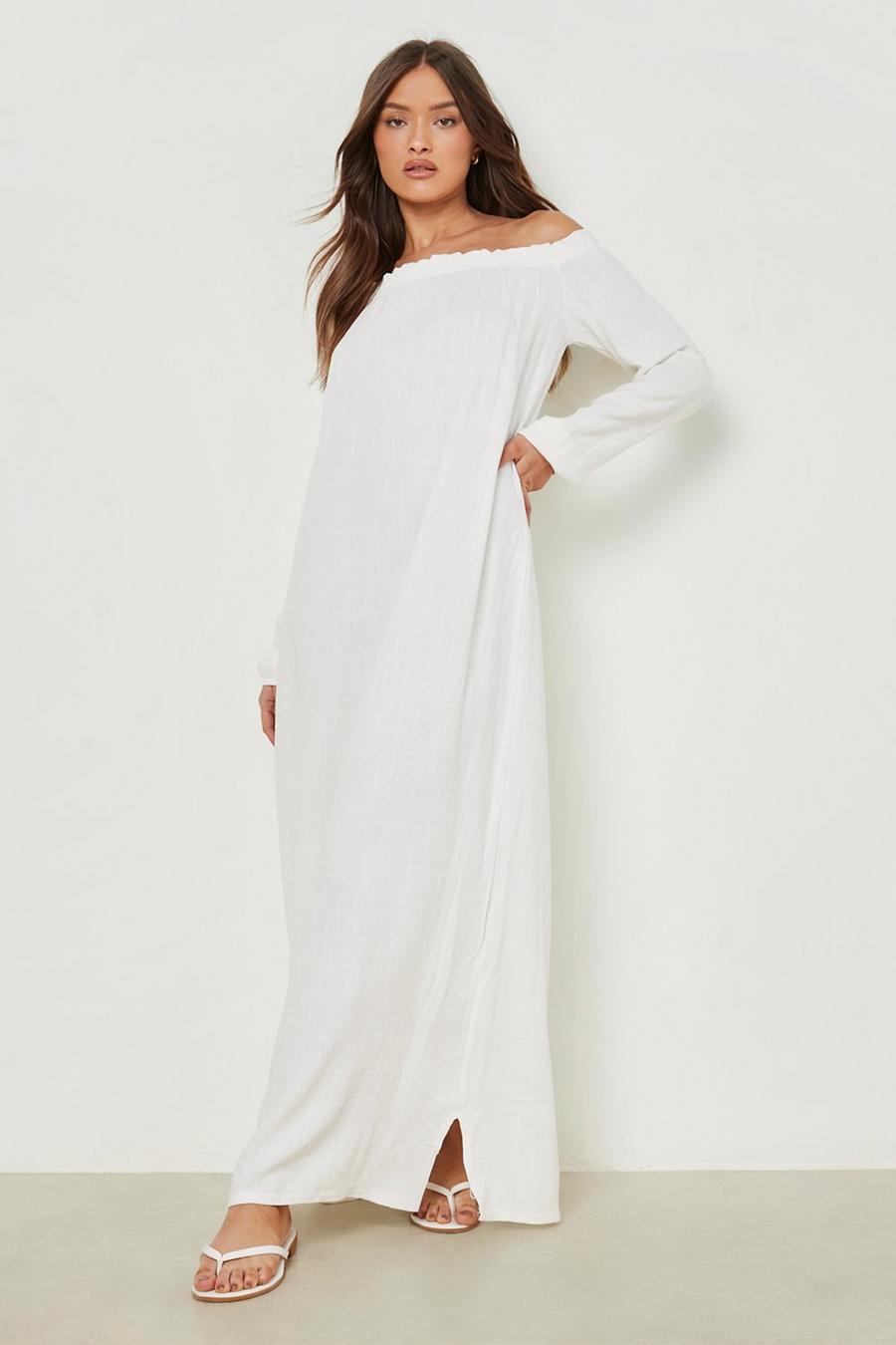 White Linen Bardot Maxi Dress