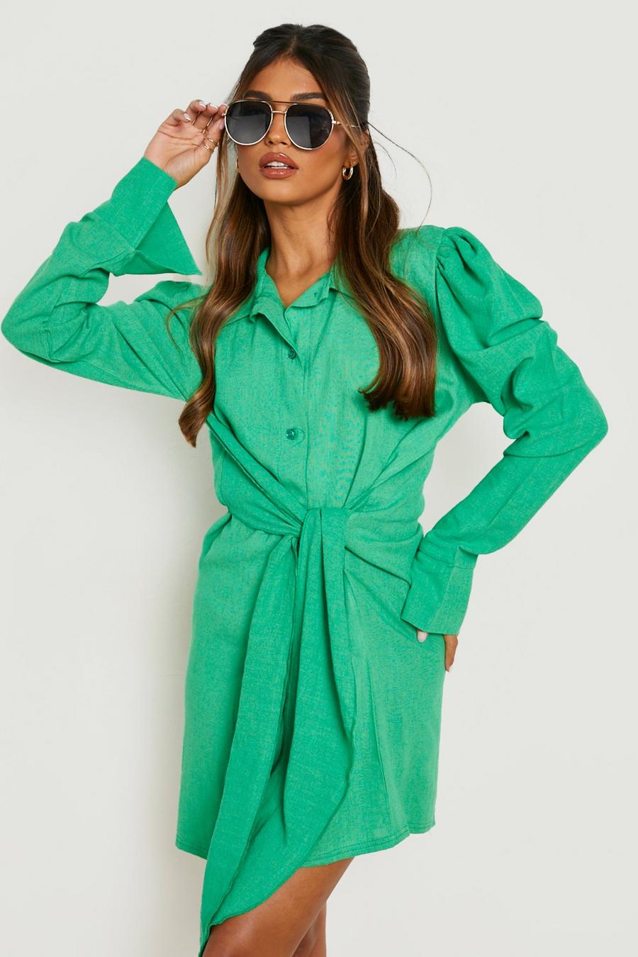 Leinen Hemd-Kleid mit Taillengürtel und Puffärmeln, Green