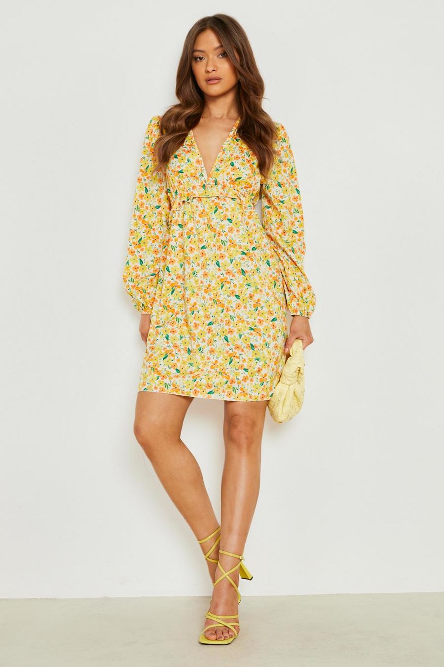 Yellow Floral Long Sleeve Ruffle Skater Dress image number 1