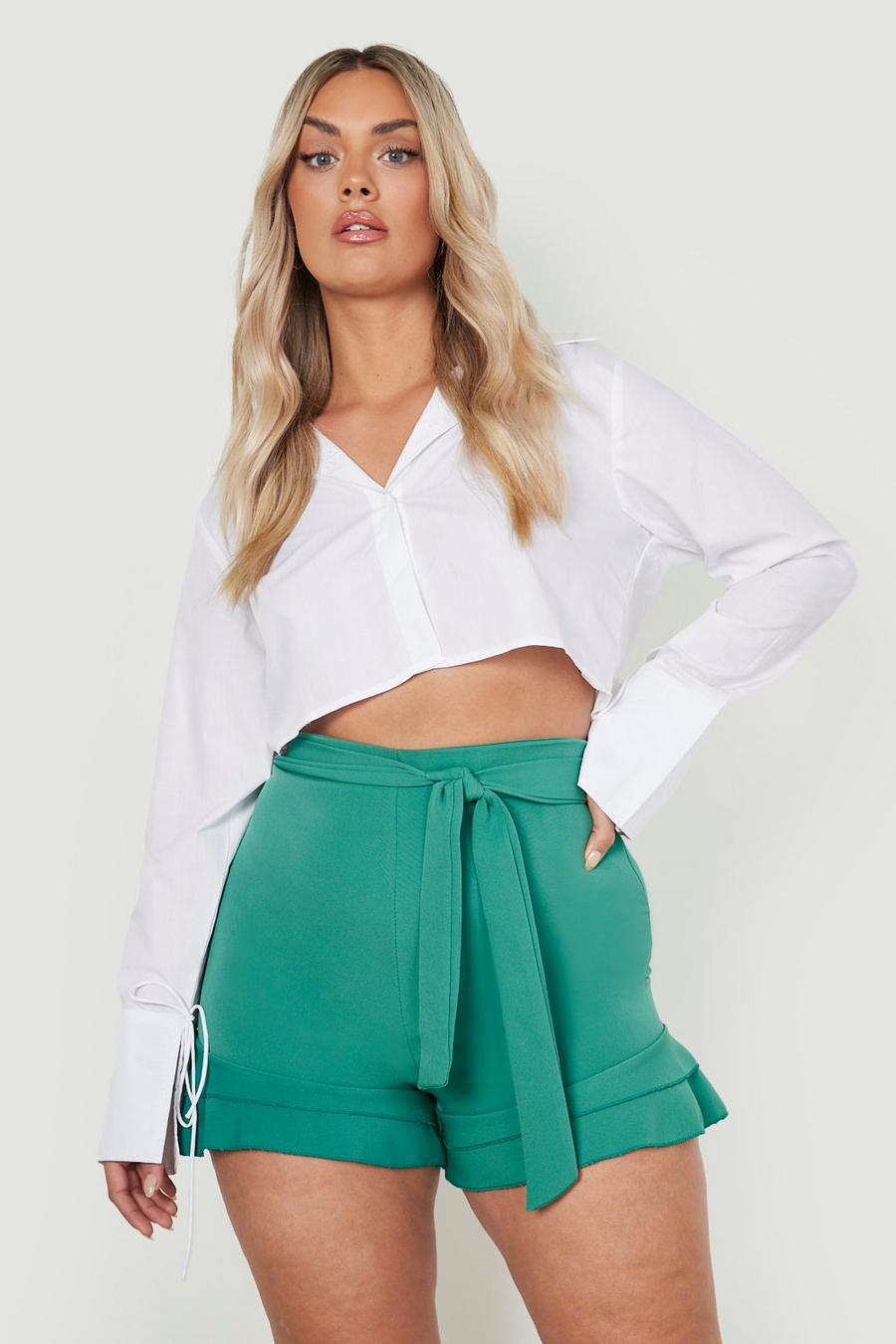 Green Plus Woven Tailored Frill Hem Belted Shorts image number 1