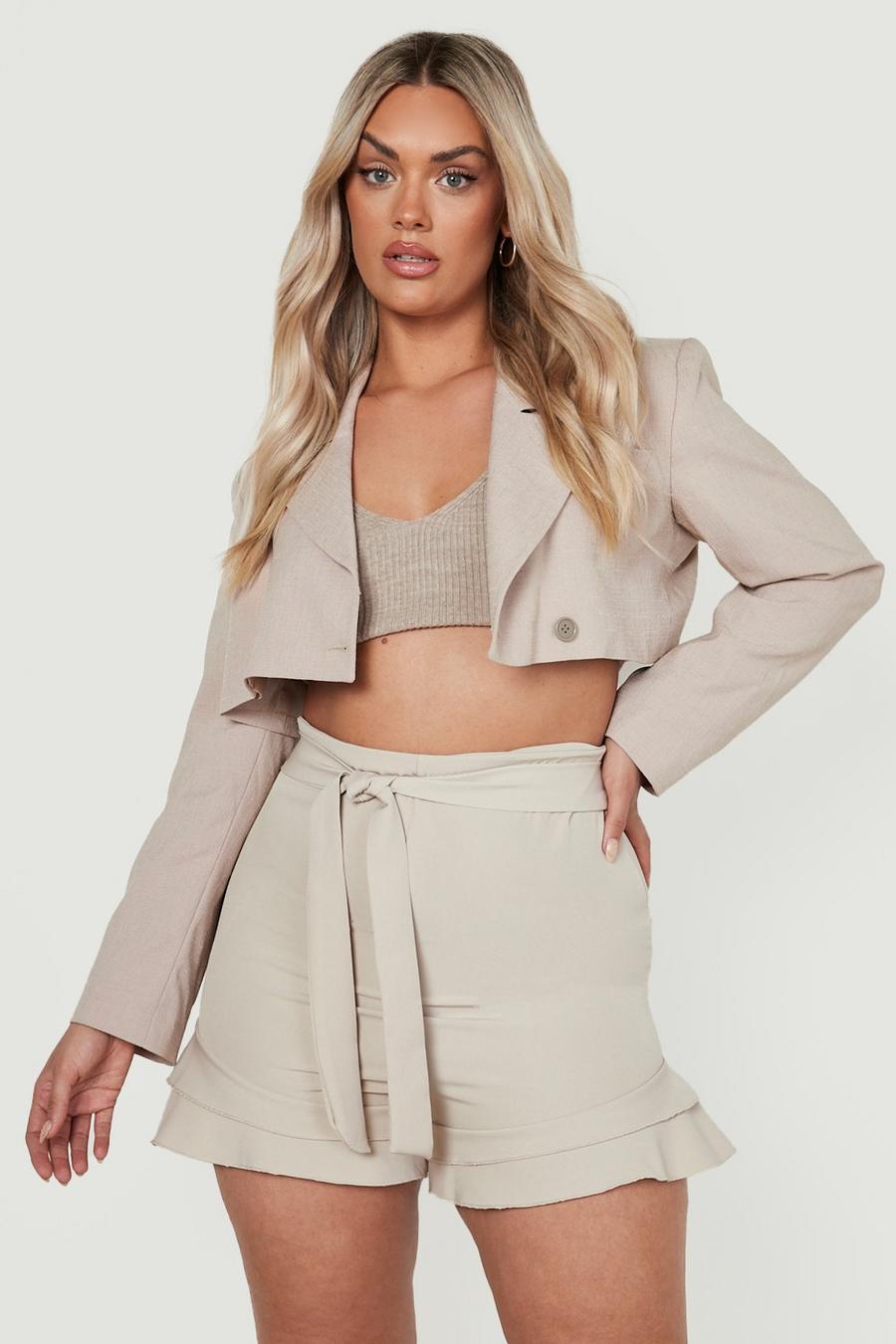 Stone beige Plus Woven Tailored Frill Hem Belted Shorts