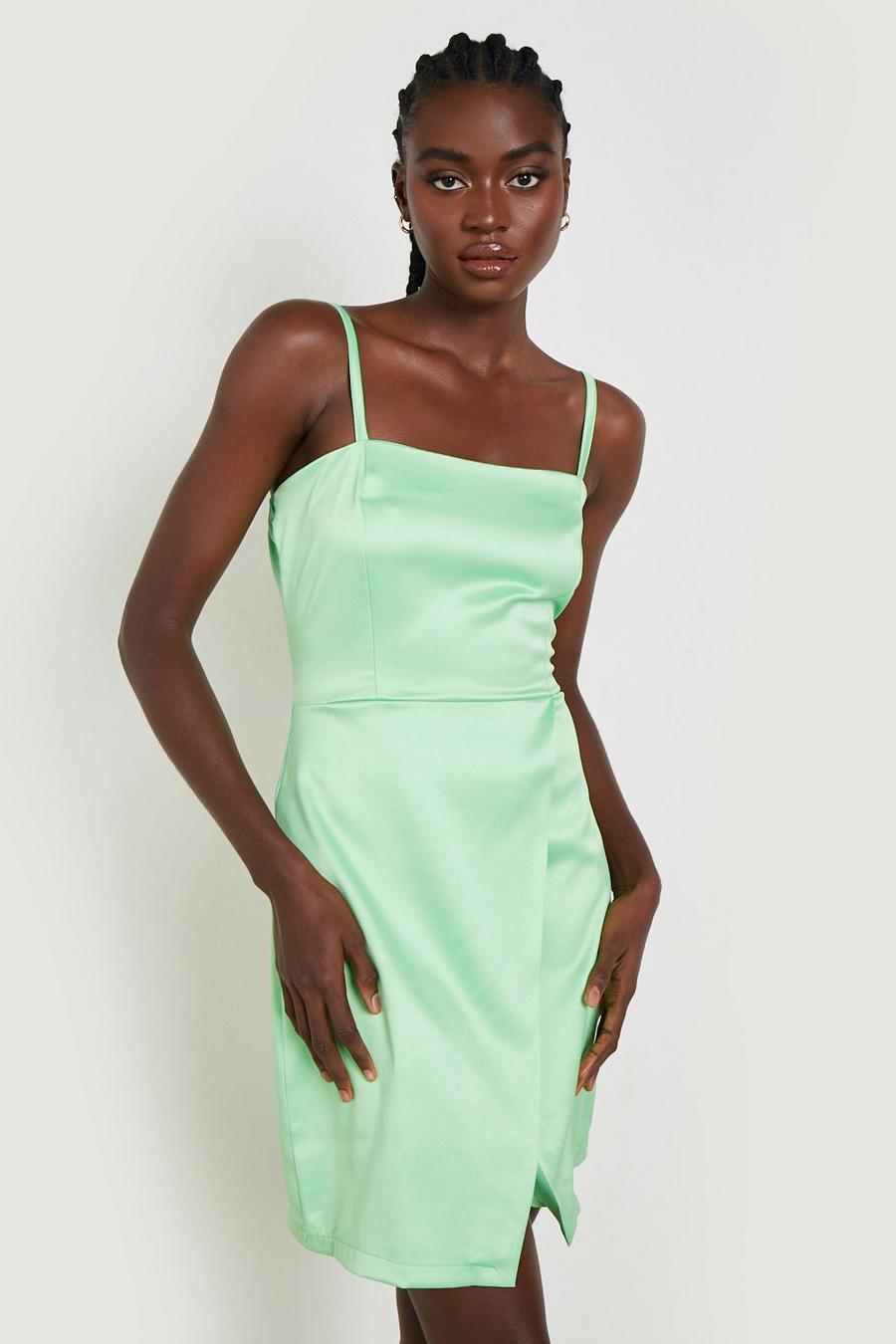 Green Tall Satin Strappy Wrap Detail Mini Dress image number 1