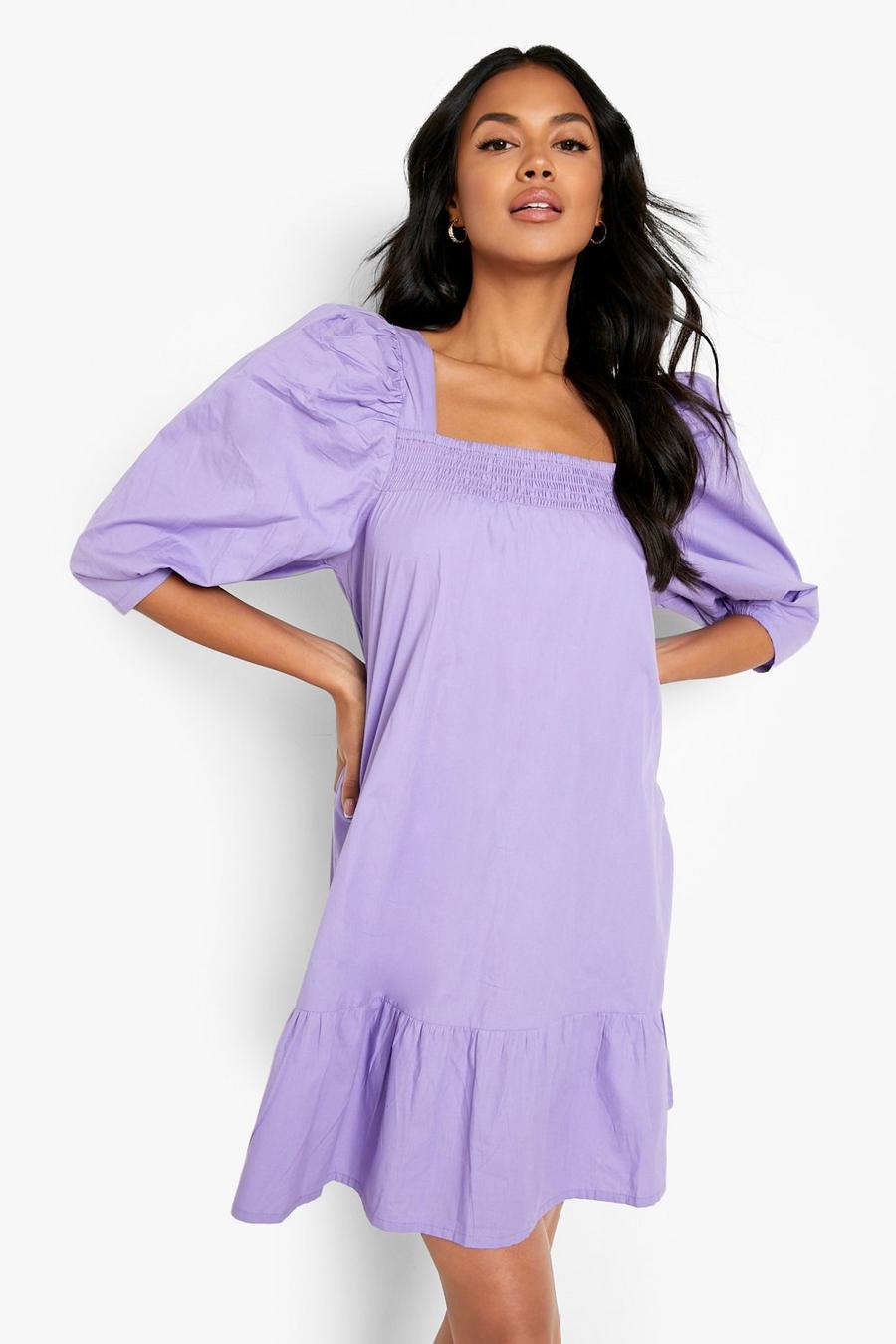 Lilac Cotton Puff Sleeve Dropped Hem Smock Dress image number 1