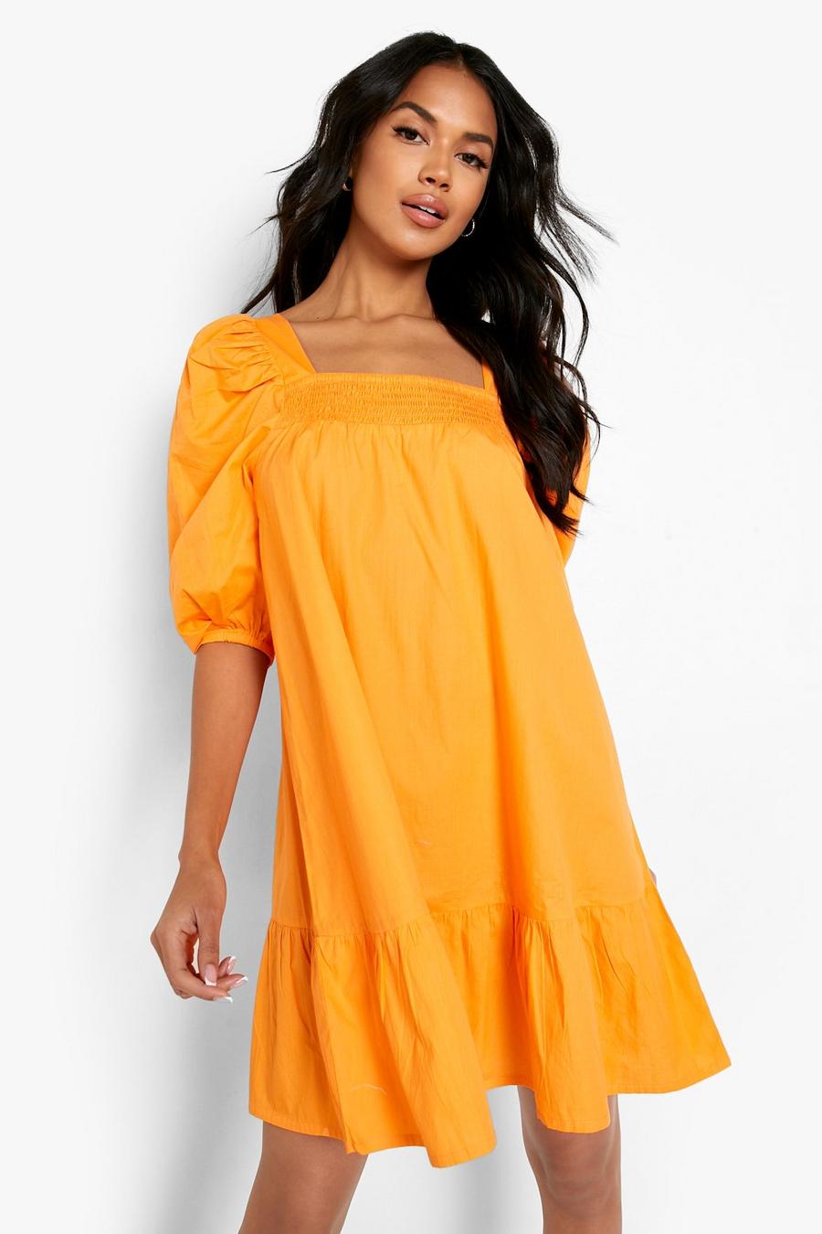 Orange Cotton Puff Sleeve Dropped Hem Smock Dress image number 1
