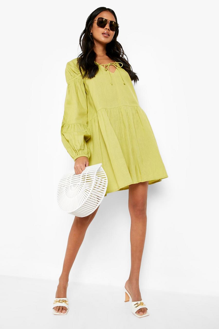 Green Tie Front 3/4 Frill Sleeve Smock Mini Dress image number 1
