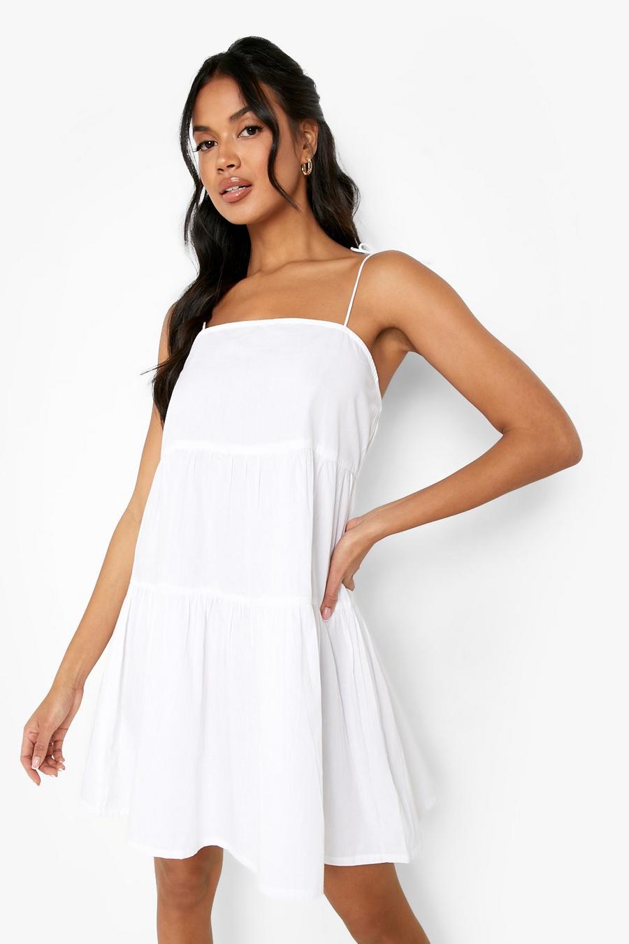 White Strappy Tiered Cotton Smock Dress image number 1