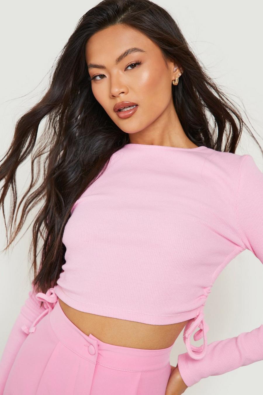 Baby Pink Ruched Detail Long Sleeve Crop Top