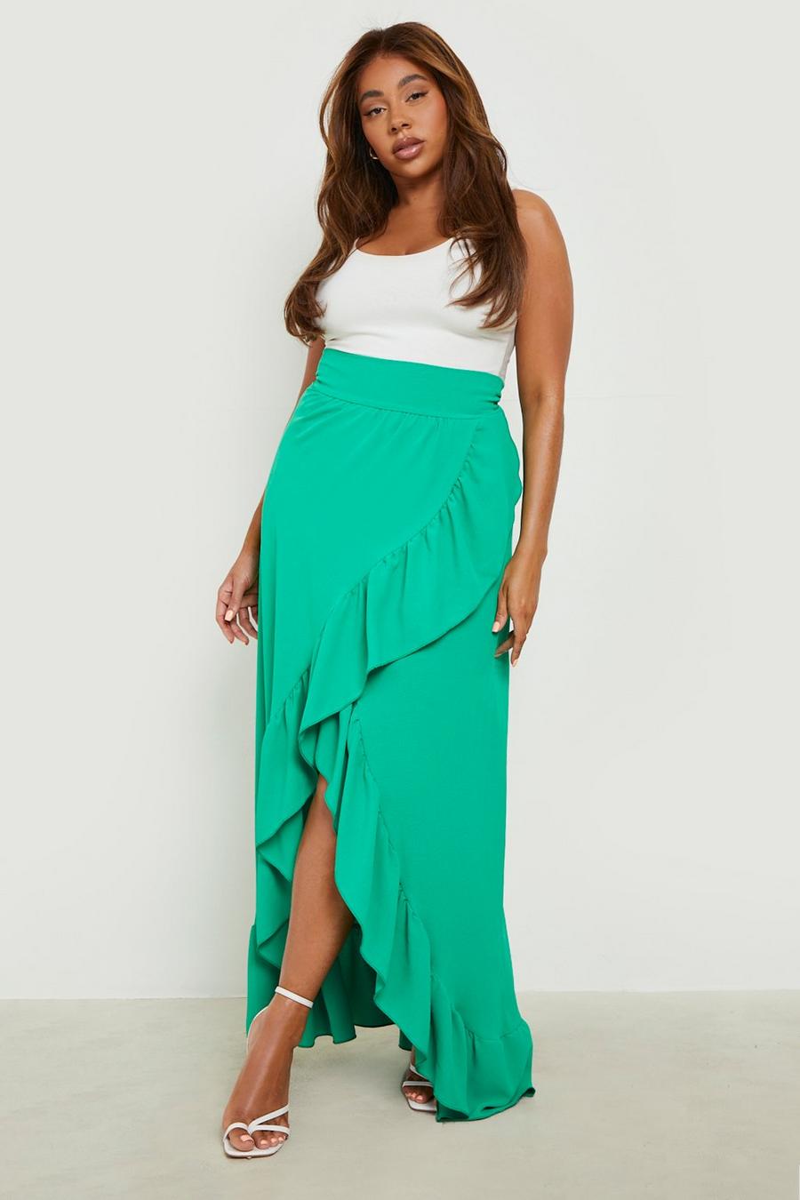 Green Plus Woven Ruffle Wrap Maxi Skirt image number 1