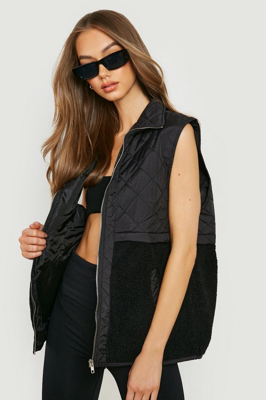 Black Teddy Quilted Panel Gilet image number 1