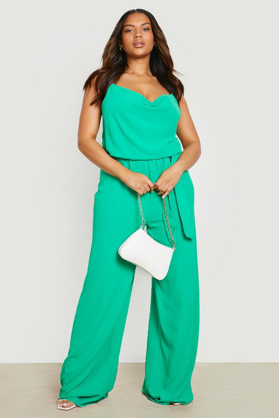 Bright green Plus Woven Strappy Cowl Neck Belted Jumpsuit image number 1