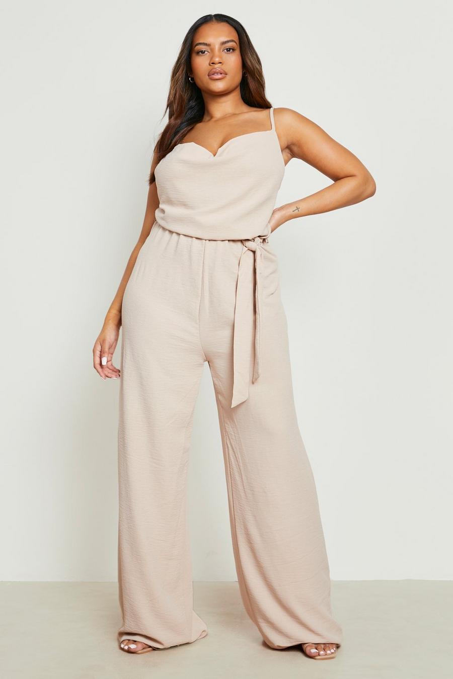 Stone beige Plus Woven Strappy Cowl Neck Belted Jumpsuit 