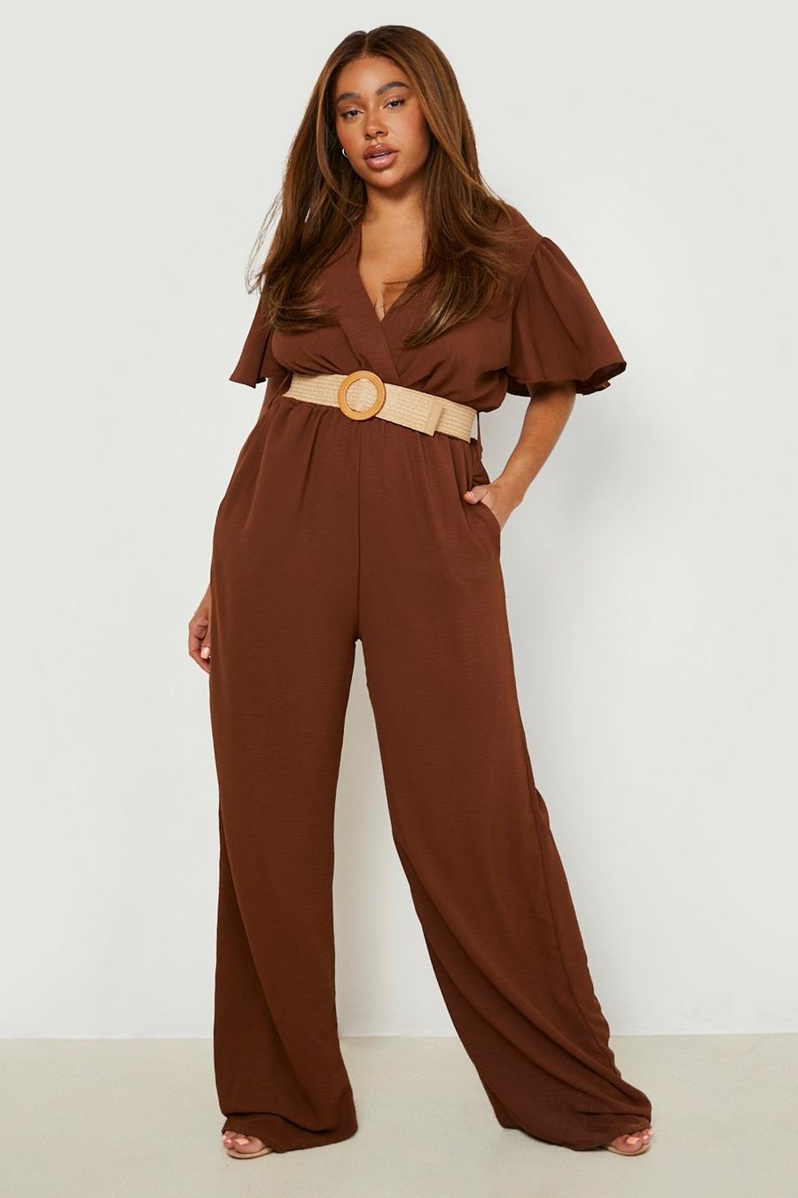 Chocolate brown Plus Woven Raffia Belted Angel Sleeve Jumpsuit