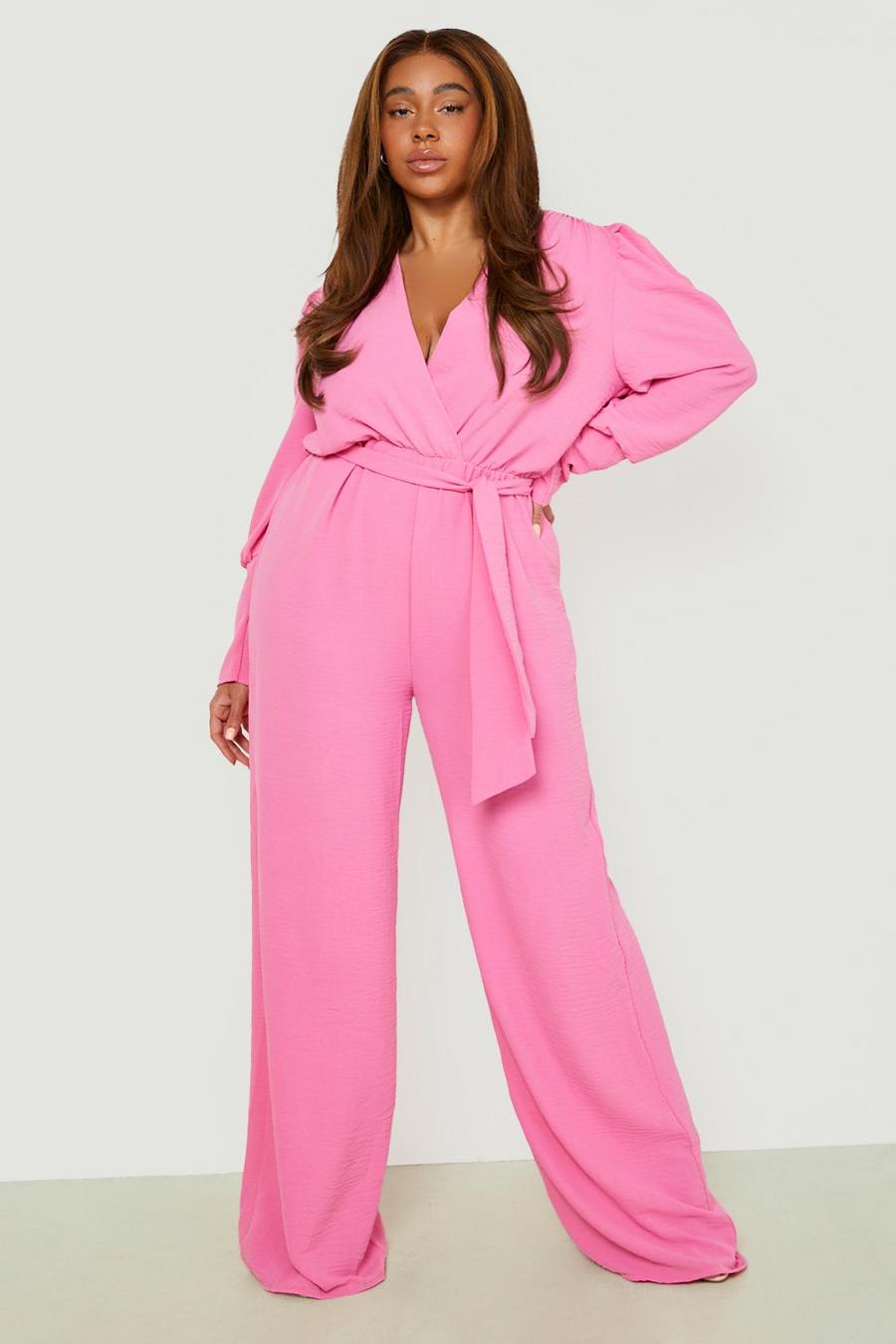 Light pink Plus Woven Puff Sleeve Belted Taper Jumpsuit image number 1