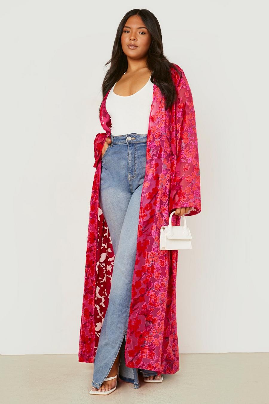 Hot pink Plus Devore Maxi Kimono image number 1