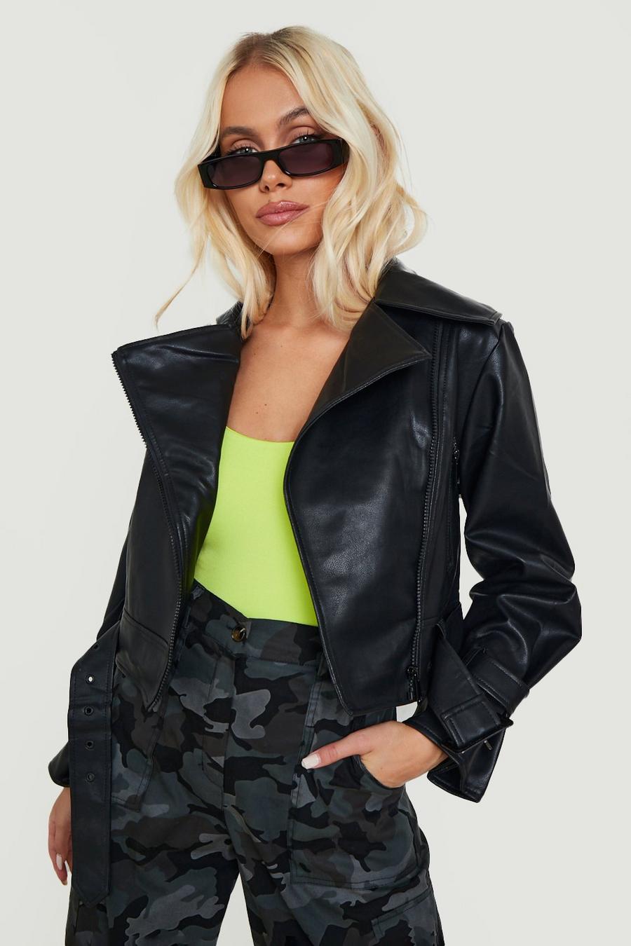 Black Cuff Detail Faux Leather Moto Jacket image number 1