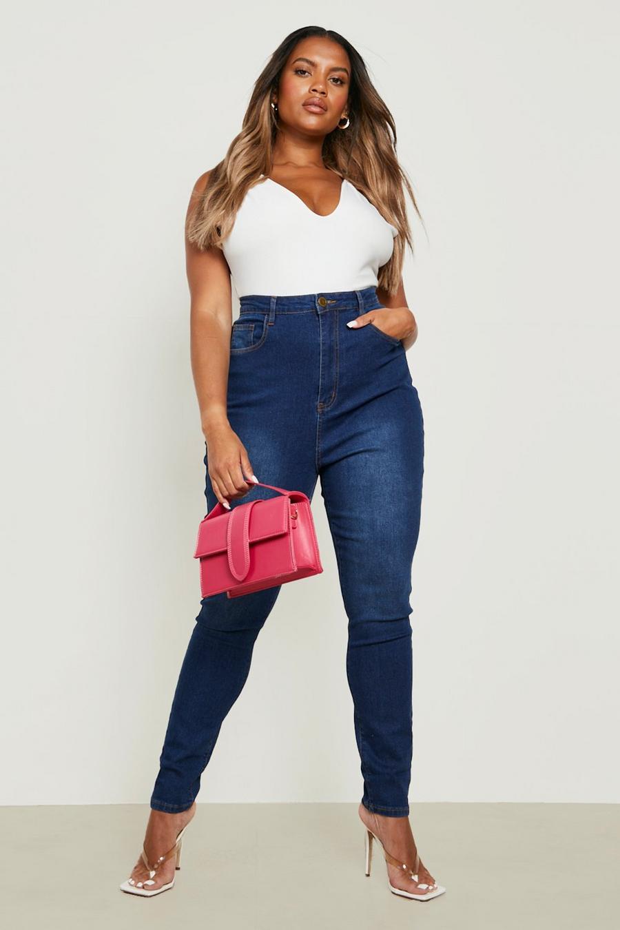 Mid blue Plus - Skinny jeans i femficksmodell med mellanhög midja image number 1