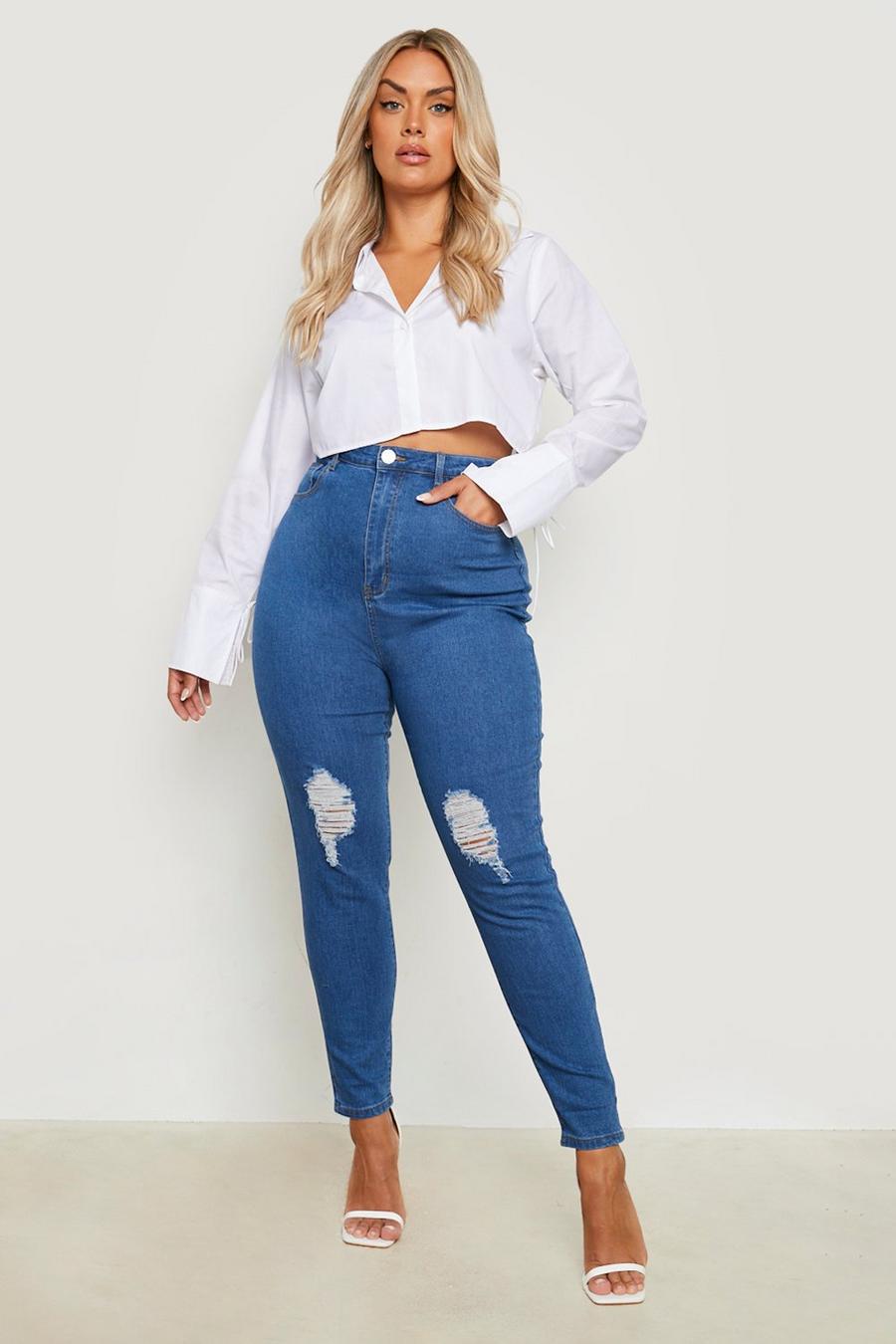 Mid blue blå Plus - Slitna skinny jeans med hög midja image number 1