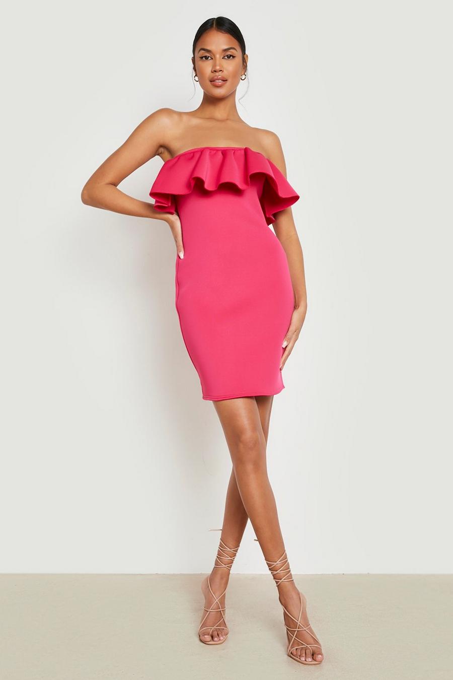 Hot pink rose Bonded Scuba Bardot Ruffle Mini Dress