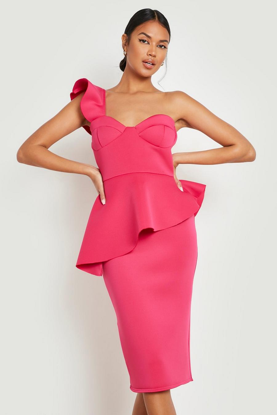 Hot pink Bonded Scuba Ruffle Asymmetric Midi Dress image number 1