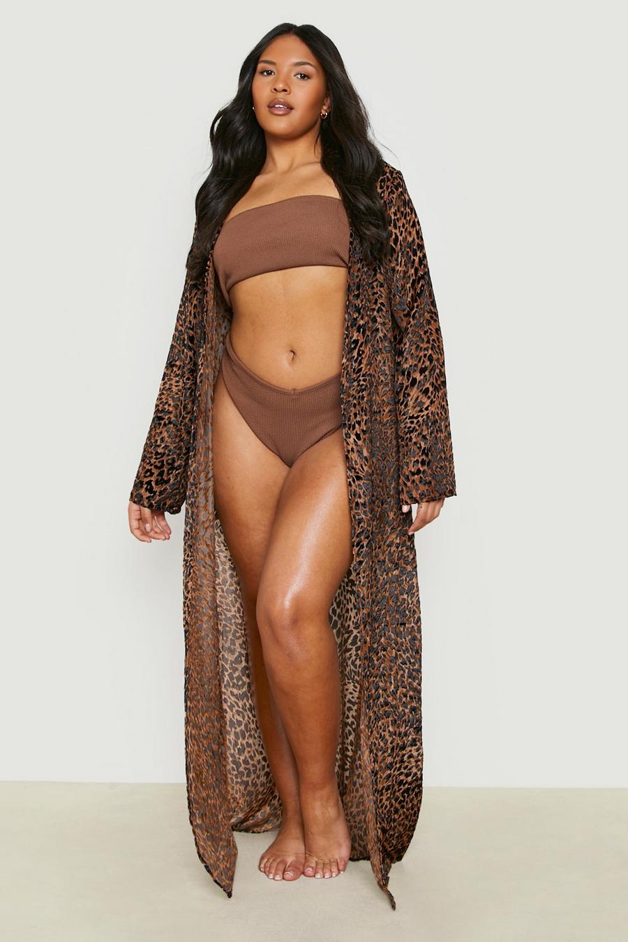 Kimono maxi da mare Plus Size in dévoré leopardato, Brown image number 1
