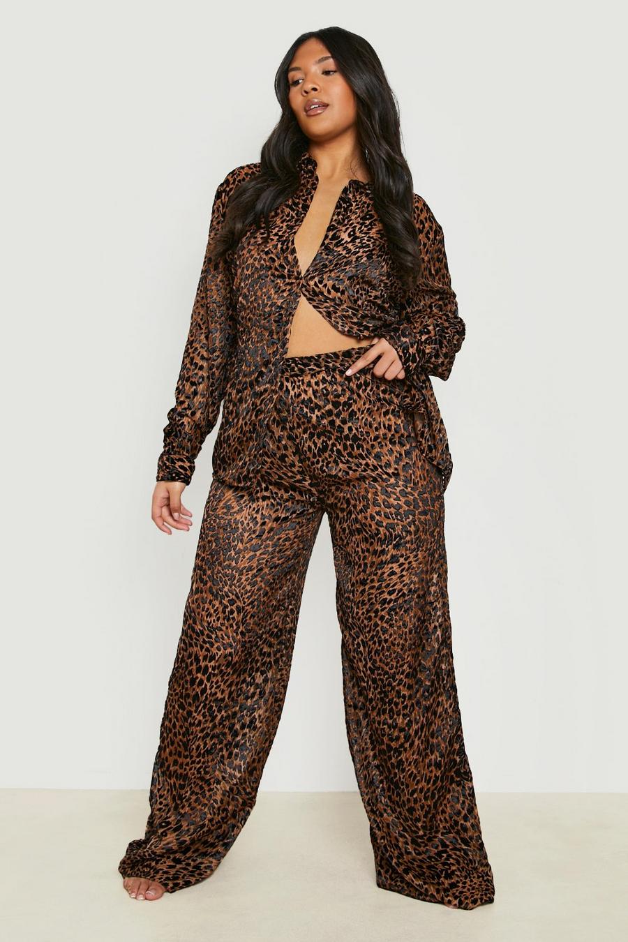 Pantalón Plus para la playa de devoré con estmapado de leopardo, Brown marrón