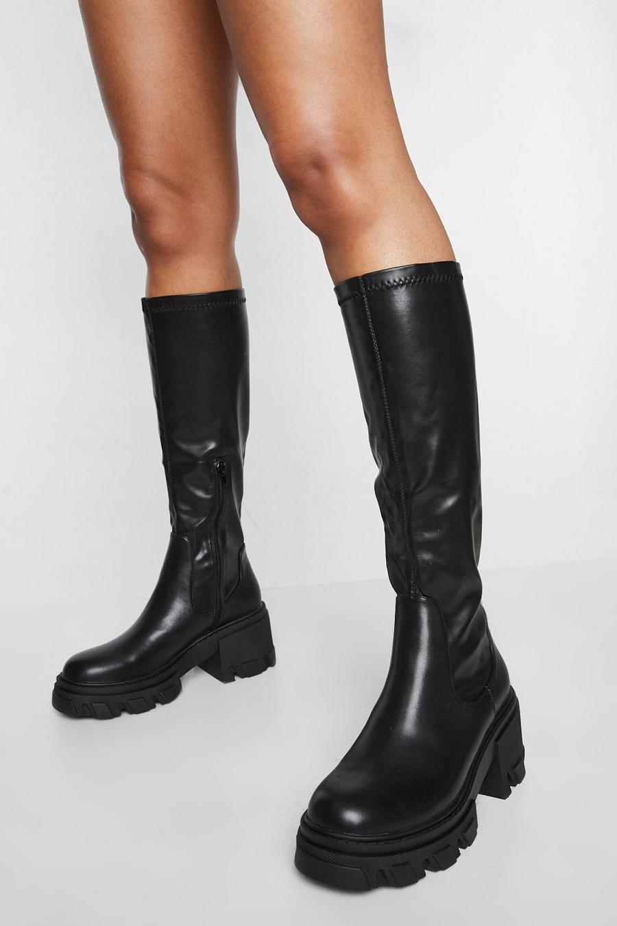 Black svart Calf High Chunky Heeled Boots