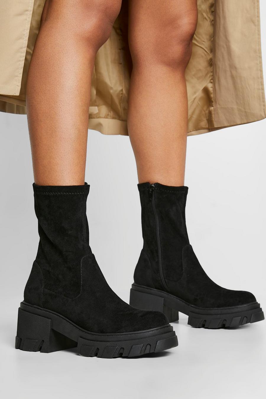 Black Chunky Heeled Sock Boots image number 1