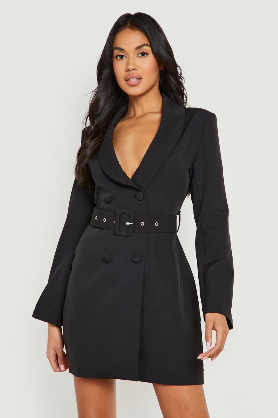 Black Double Breasted Belted Tailored Blazer Dress image number 1
