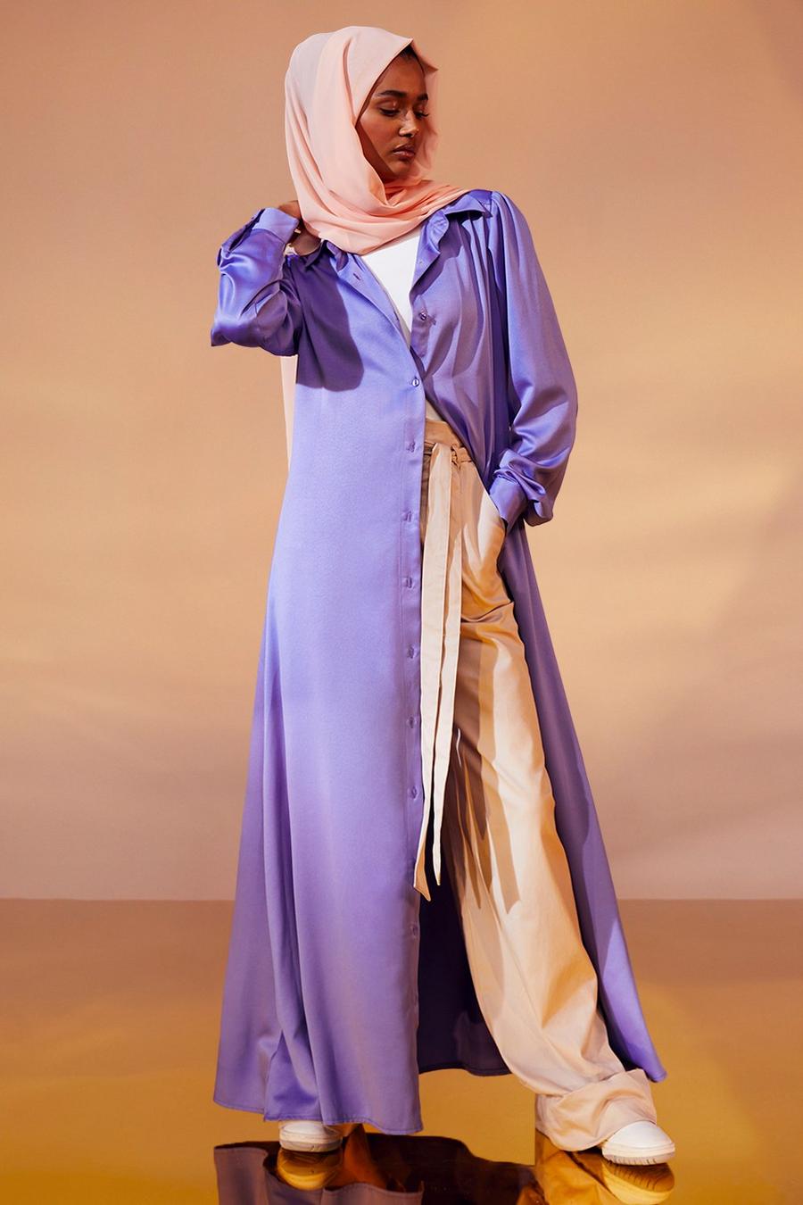 Camicia maxi lunga in raso, Lilac morado image number 1