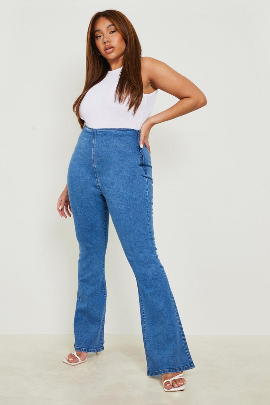 Mid blue Plus High Waist Stretch Flare Denim Jeggings image number 1