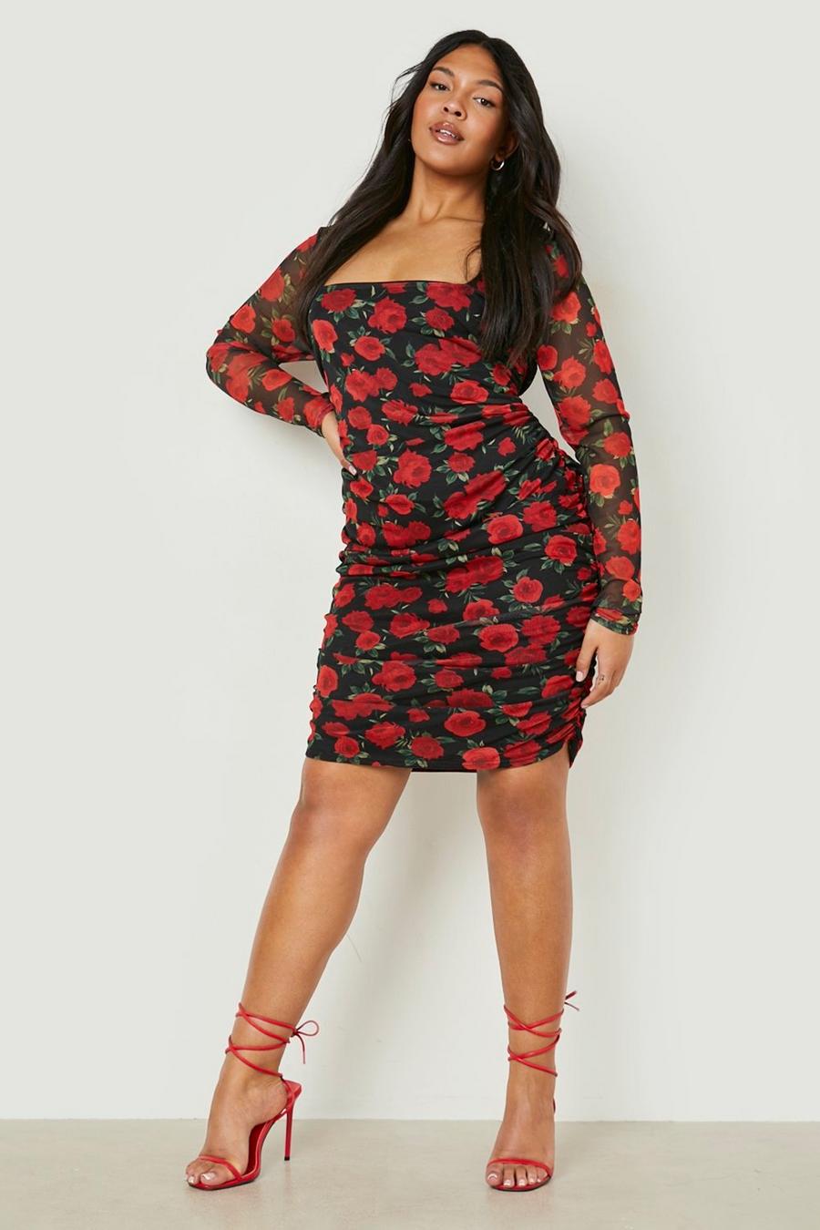 Black Plus Mesh Rose Print Ruched Bodycon Dress image number 1