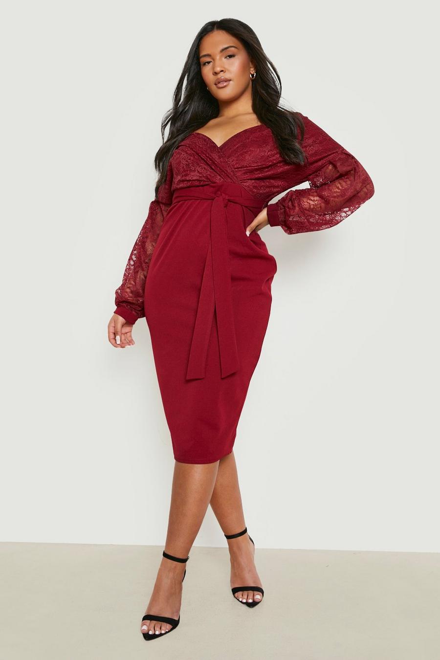 Boohoo Synthetic Tall Off The Shoulder Wrap Midi Bodycon Dress in Berry Womens Clothing Dresses Cocktail and party dresses Red 