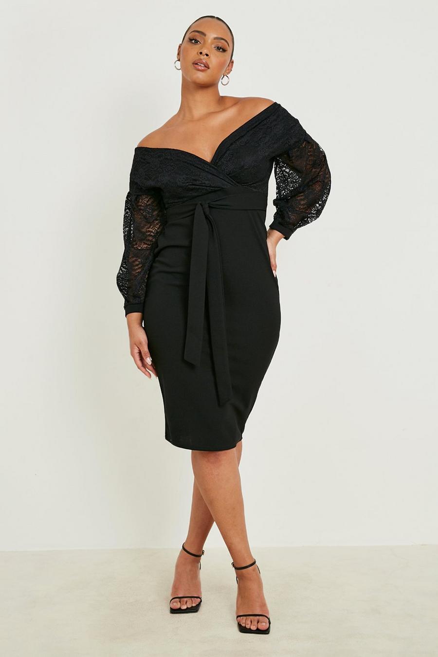 Black Plus Lace Off The Shoulder Wrap Midi Dress image number 1