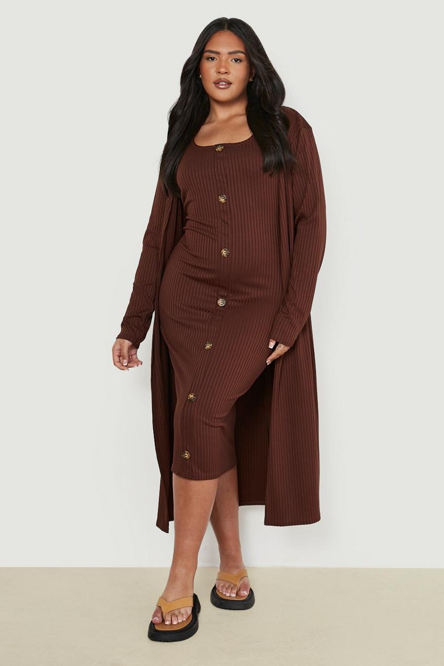 שוקולד marrón סט תואם שמלת מידי עם כפתורי קרן ומעיל דאסטר למידות גדולות