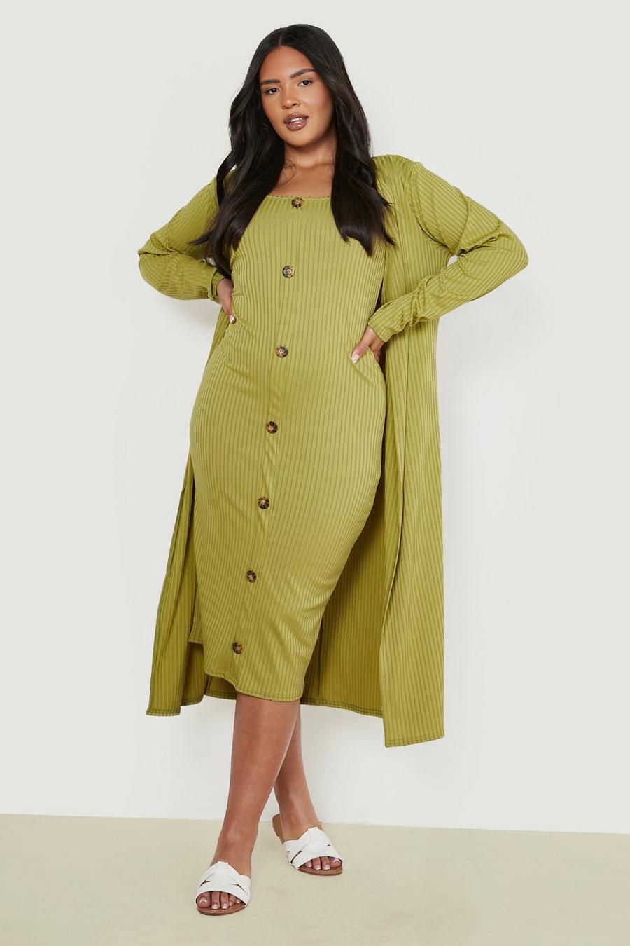 Olive green Plus Horn Button Midi Dress And Duster Co-ord