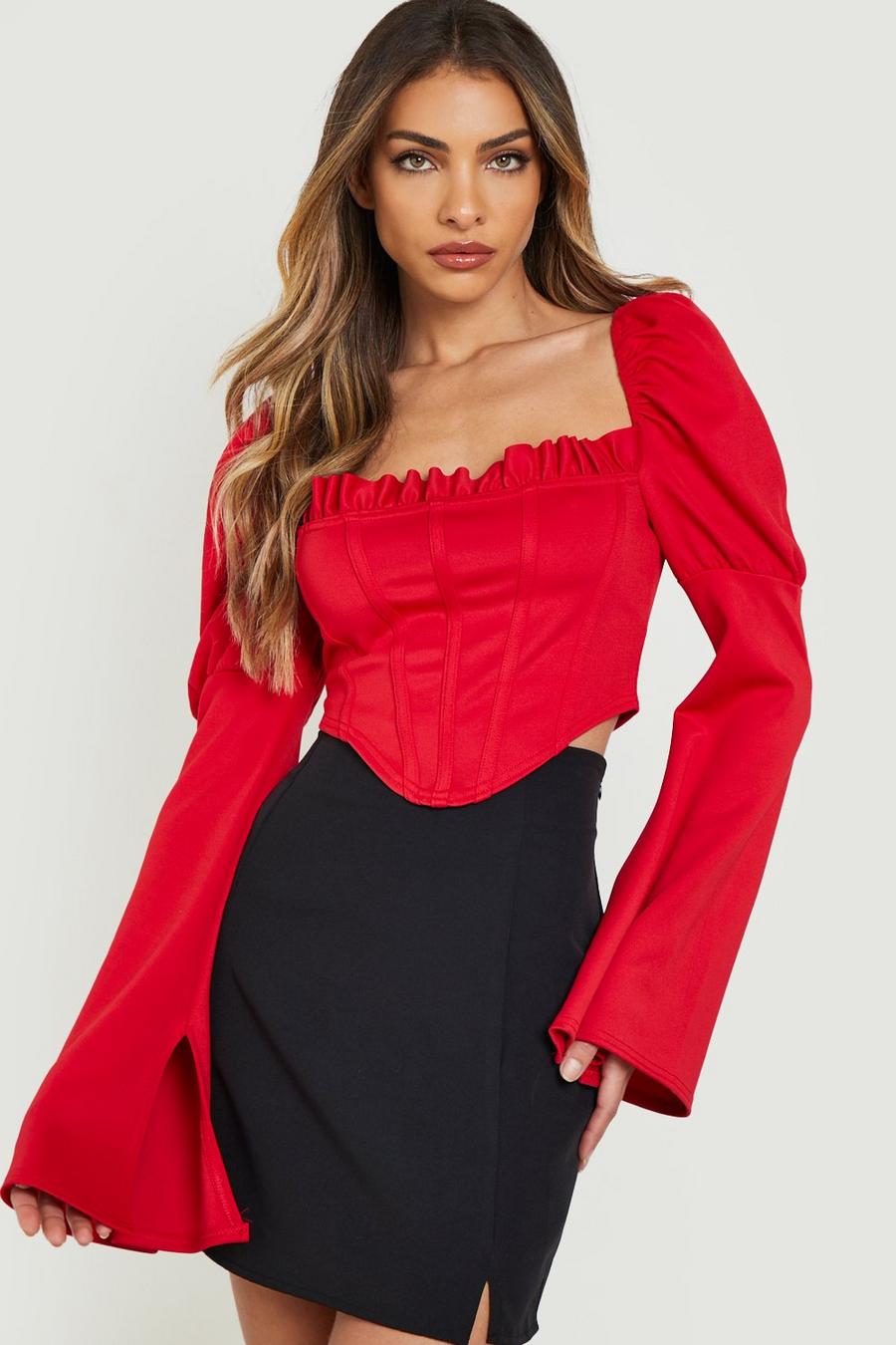 Red Puff Sleeve Corset Detail Crop Top image number 1