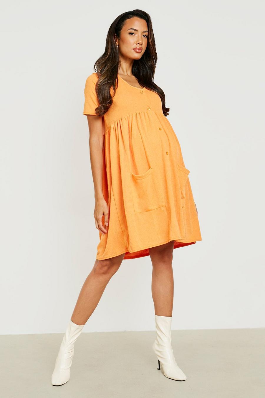 Vestido Premamá holgado efecto lino con botones, Orange naranja