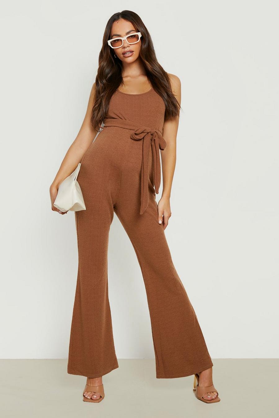 Chocolate brun Mammakläder - Jumpsuit i linnetyg med raka ben