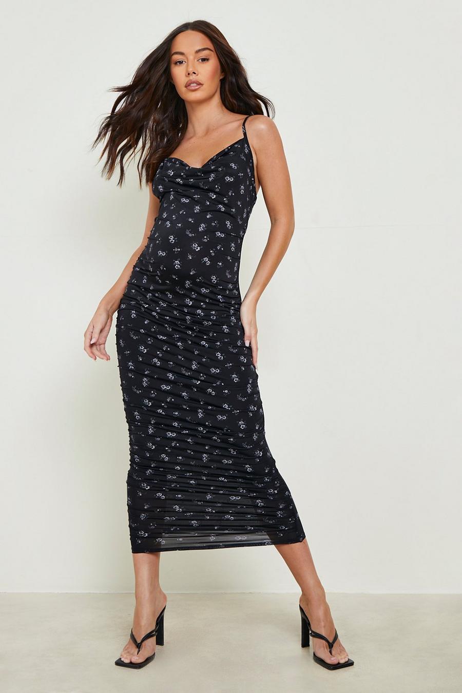 Black Maternity Floral Cowl Ruched Midi Dress 