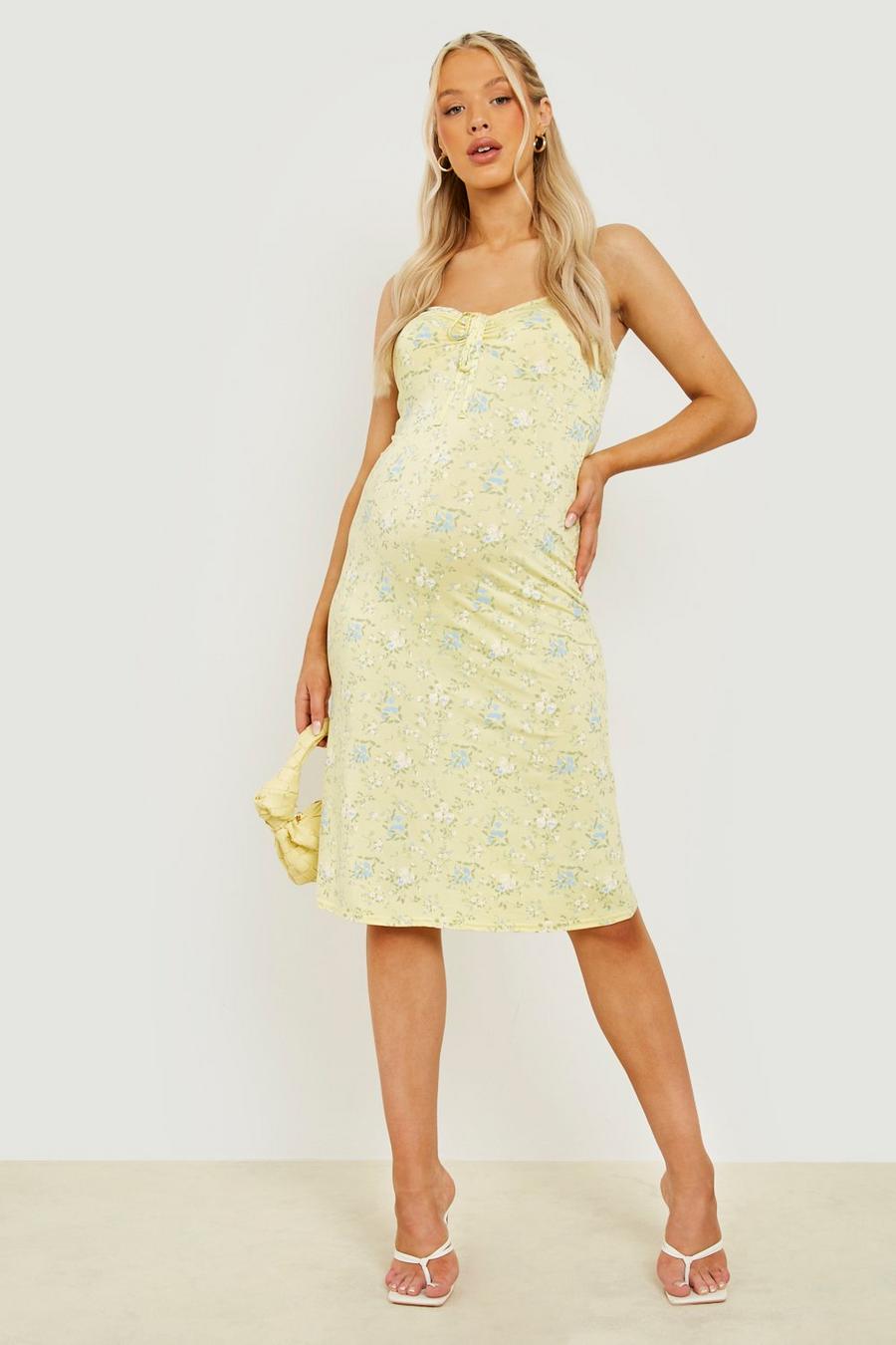 Yellow Maternity Floral Slip Midi Dress image number 1
