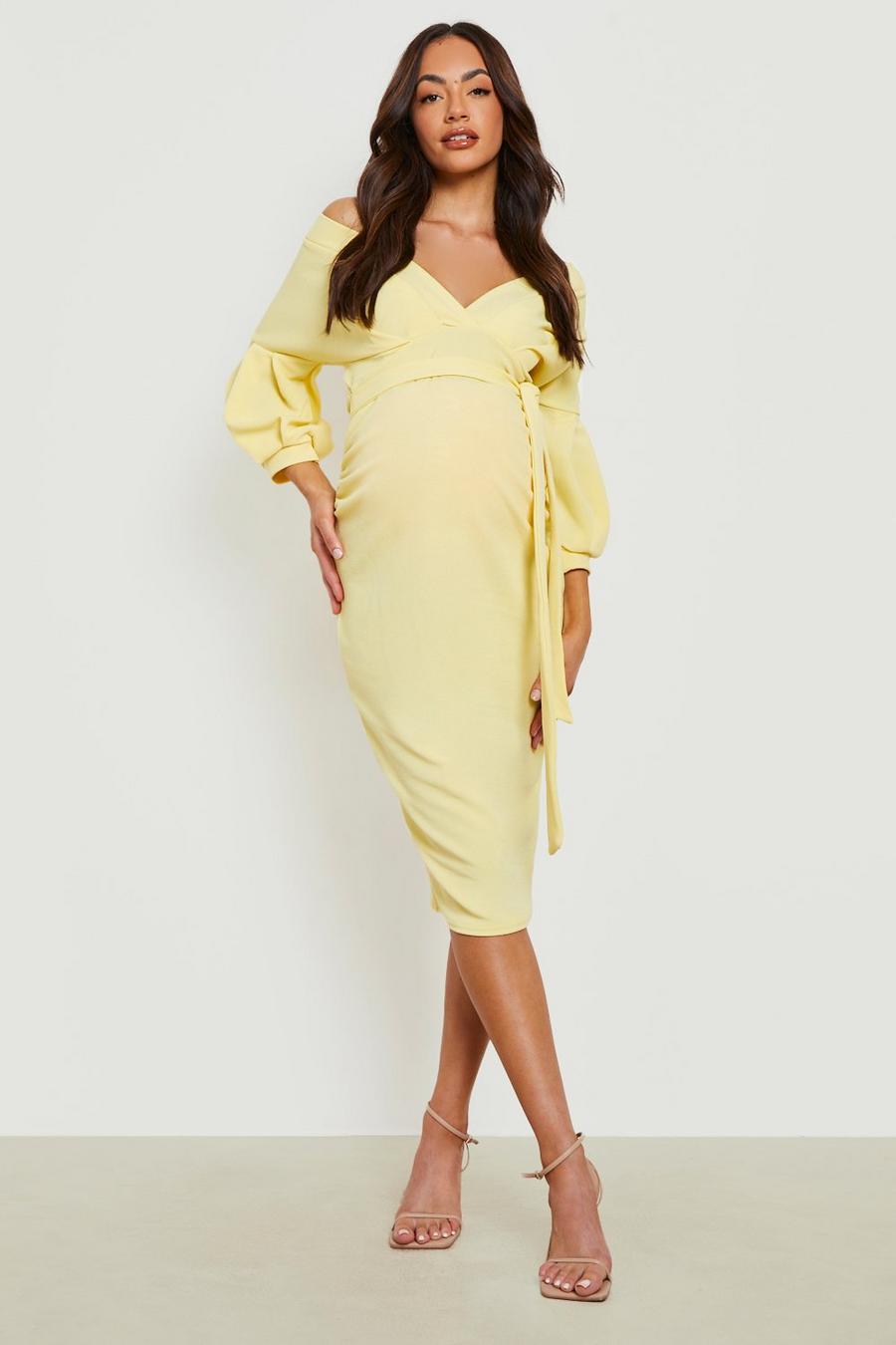 Lemon yellow Maternity Off The Shoulder Wrap Midi Dress