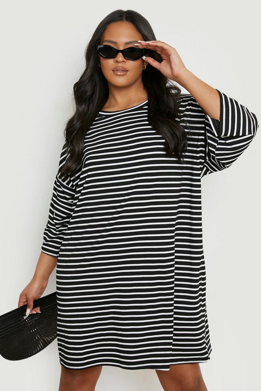 Black Plus Stripe Oversized T-shirt Dress
