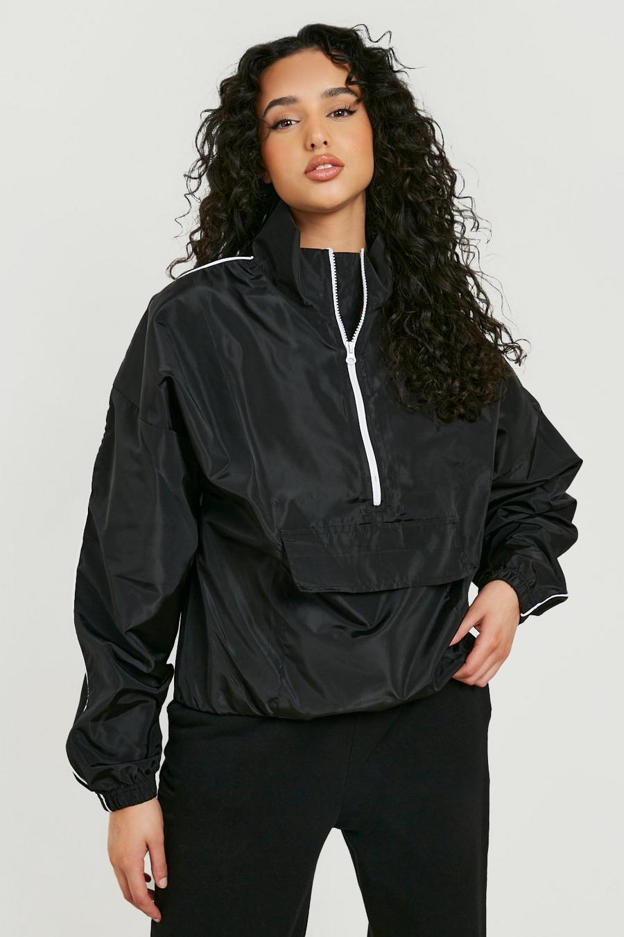 Black Oversized Funnel Neck Windbreaker image number 1