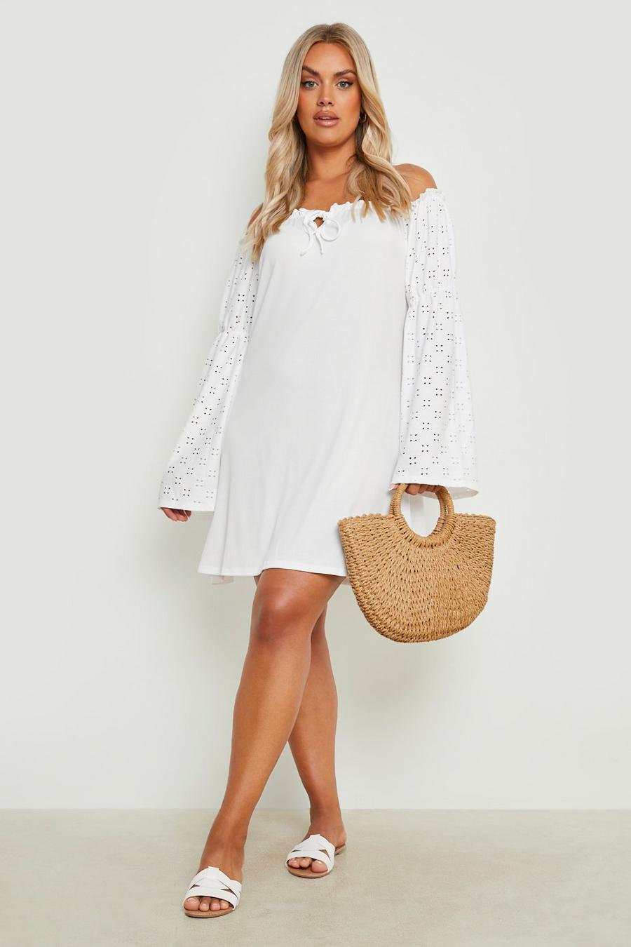 White bianco Plus Broderie Off Shoulder Swing Dress