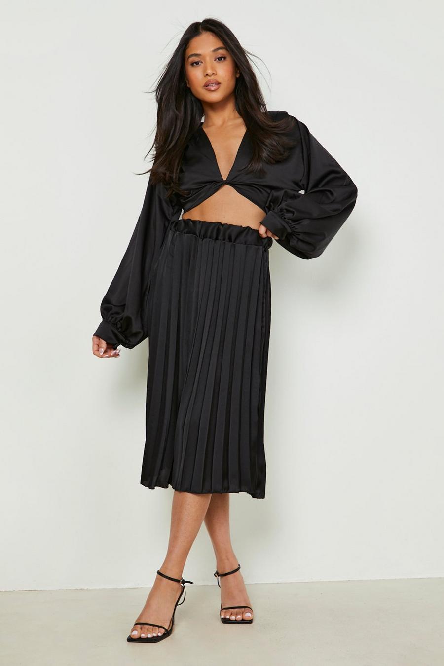 Black חצאית מידי מסאטן עם קפלים, פטיט image number 1